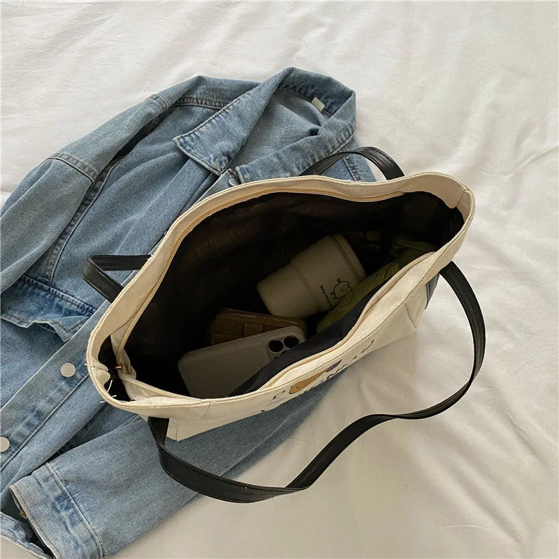 Women Canvas Shoulder Cartoon Printed Tote Bag Letter Large Capacity
