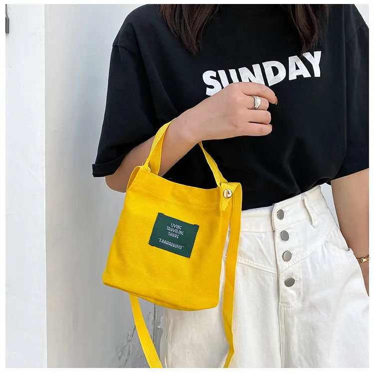 Literature Girl Canvas Shoulder Bag Solid Bucket Crossbody Bag