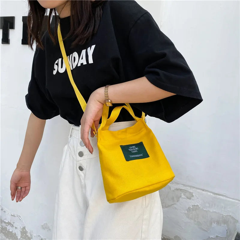 Literature Girl Canvas Shoulder Bag Solid Bucket Crossbody Bag