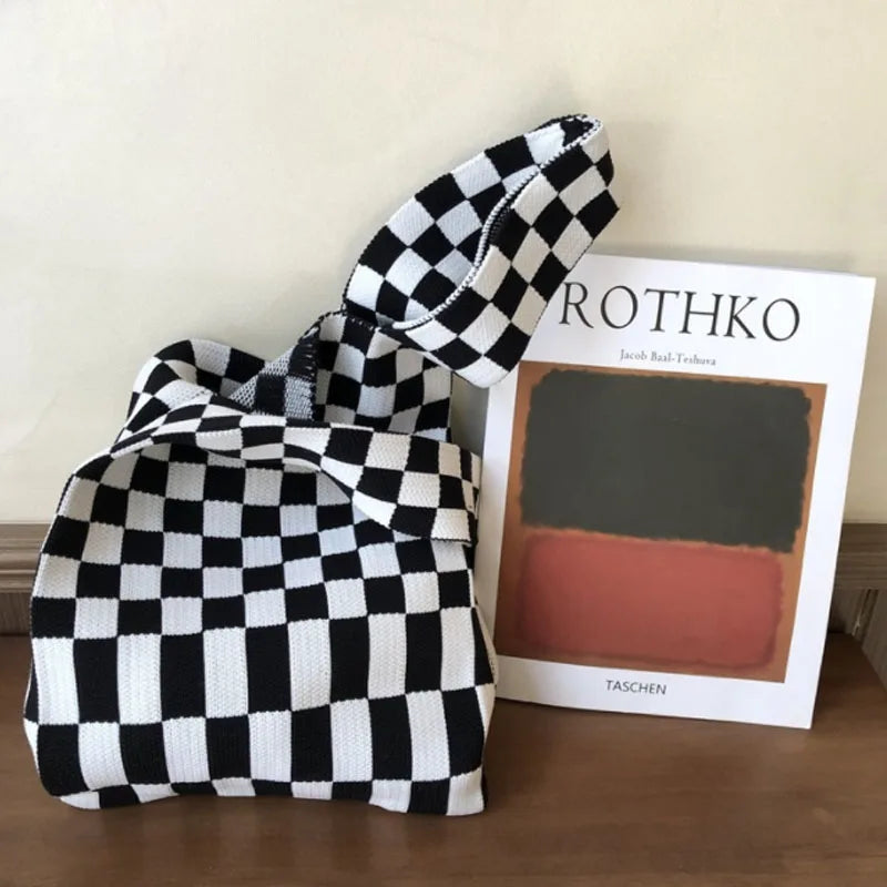 Women Knitted Tote Shoulder Bag Stripe Woven Casual Purse