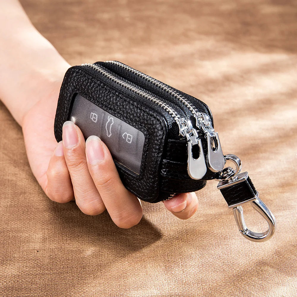Leather Double Zipper Key Holder Housekeeper Multifunctional