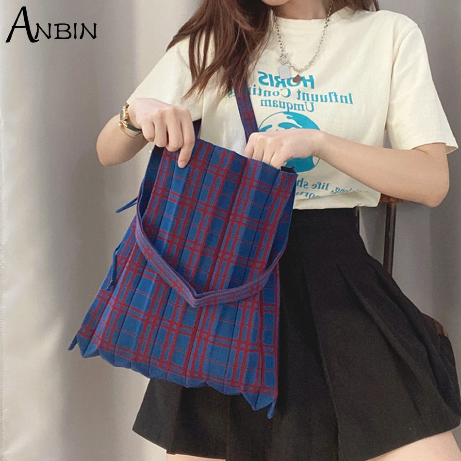 Women Knitted Wool Shoulder Bag Contrast Checked College Students Cloth