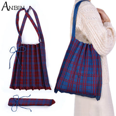 Women Knitted Wool Shoulder Bag Contrast Checked College Students Cloth