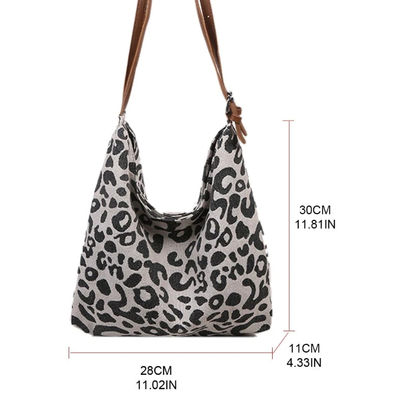 Leopard Canvas Shoulder Bag Tote Purse Handbag Large Capacity Satchel