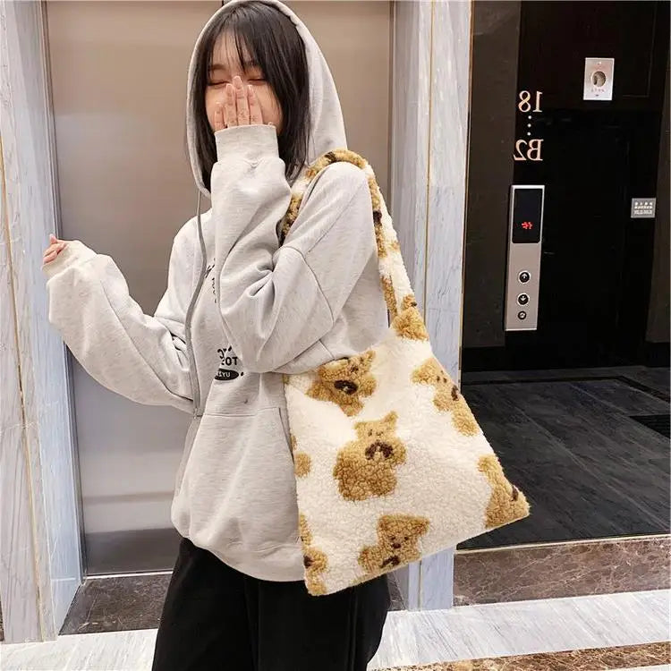 Women Lamb Fabric Shoulder Tote Bag Fluffy Bear Handbags Large Capacity