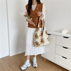 Fur Bear Handbag Canvas Large Capacity Soft Shopping Shoulder Bag
