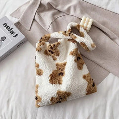 Women Fluffy Fur Bear Shoulder Tote Bag Soft Shopping Bag Large Capacity