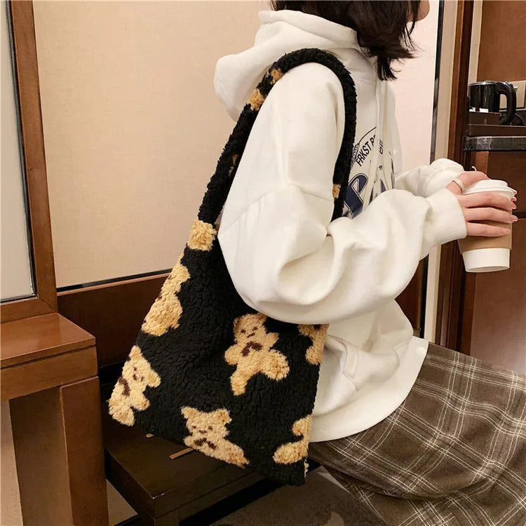 Women Lamb Fabric Shoulder Tote Bag Fluffy Bear Handbags Large Capacity