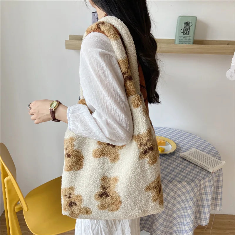 Fur Bear Handbag Canvas Large Capacity Soft Shopping Shoulder Bag
