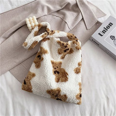 Women Lamb Fabric Shoulder Tote Bag Fluffy Bear Handbags Soft Shopping Bags