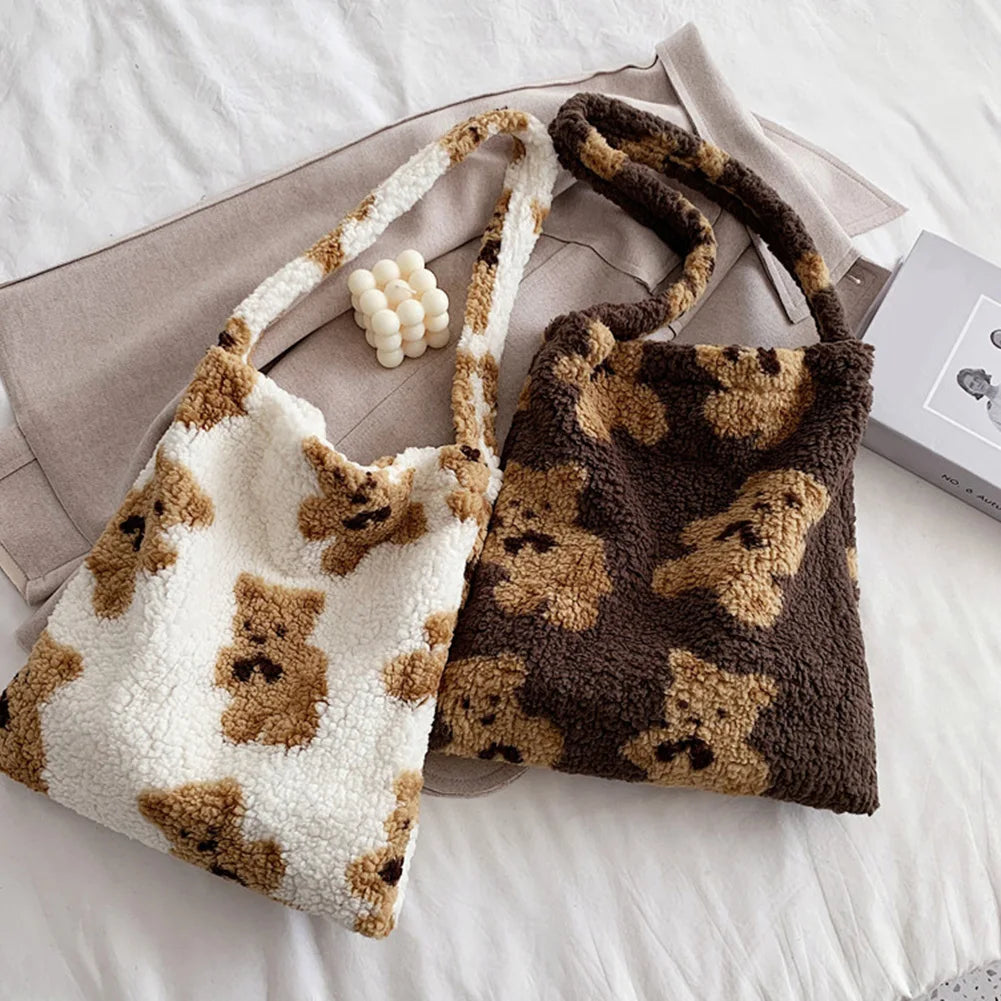Women Fluffy Fur Bear Shoulder Tote Bag Soft Shopping Bag Large Capacity