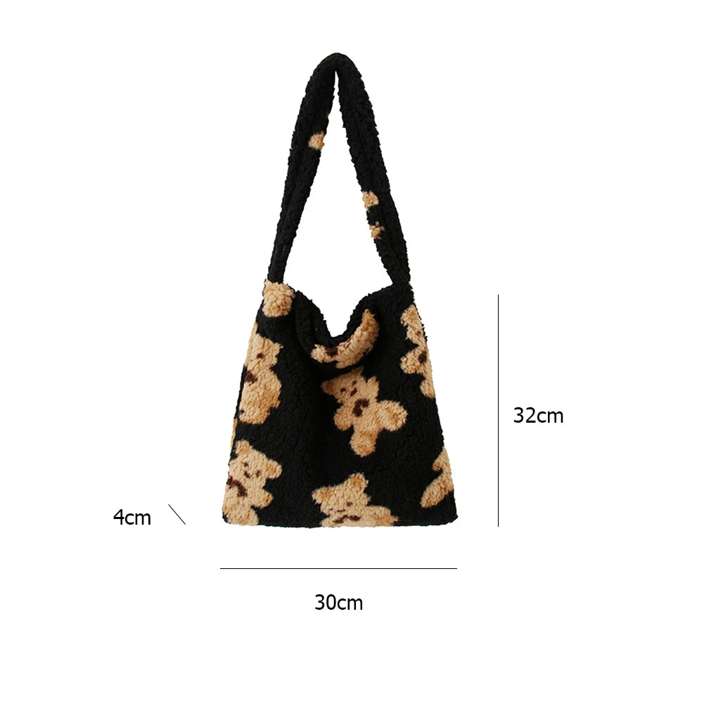 Women Fluffy Fur Bear Shoulder Tote Bag Soft Shopping Bag Large Capacity