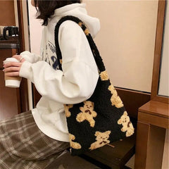 Women Lamb Fabric Shoulder Tote Bag Fluffy Bear Handbags Large Capacity
