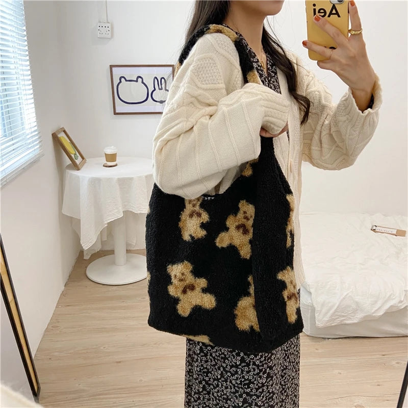 Fur Bear Handbag Canvas Large Capacity Soft Shopping Shoulder Bag
