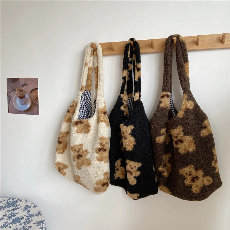 Fur Bear Handbag Canvas Large Capacity Soft Shopping Shoulder Bag