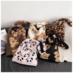 Women Lamb Fabric Shoulder Tote Bag Fluffy Bear Handbags Large Capacity