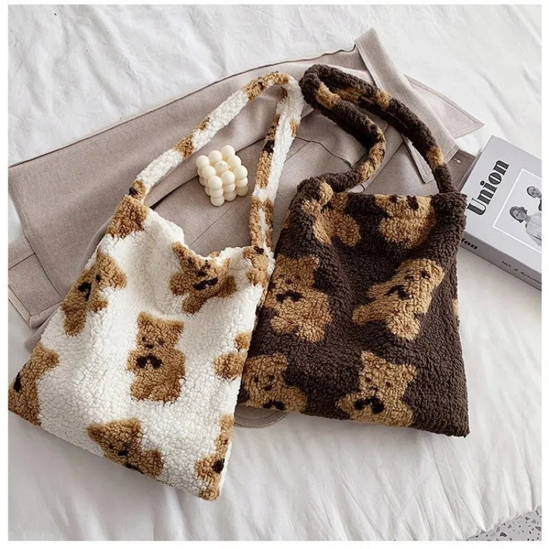 Women Lamb Fabric Shoulder Tote Bag Fluffy Bear Handbags Soft Shopping Bags