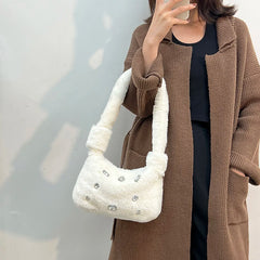 Fluffy Shoulder Tote Bag Faux Fur Stud Diamonds Small Purse