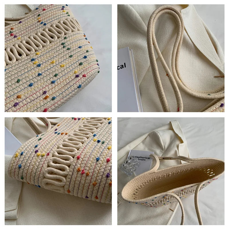 Large Capacity Crochet Shoulder Bag, Straw Woven Tote Handbag