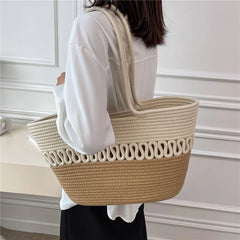 Large Capacity Crochet Shoulder Bag, Straw Woven Tote Handbag