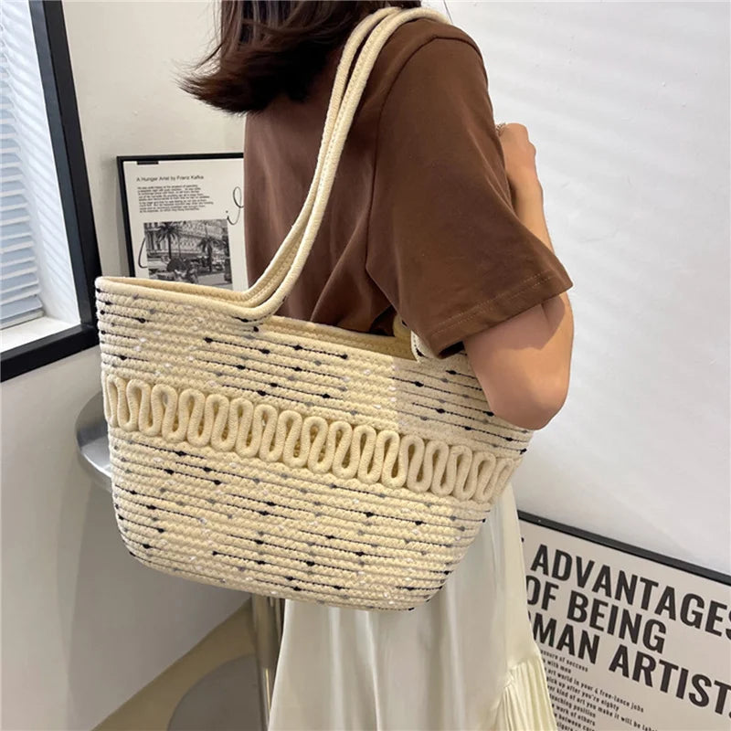 Large Capacity Crochet Shoulder Bag, Straw Woven Tote Handbag
