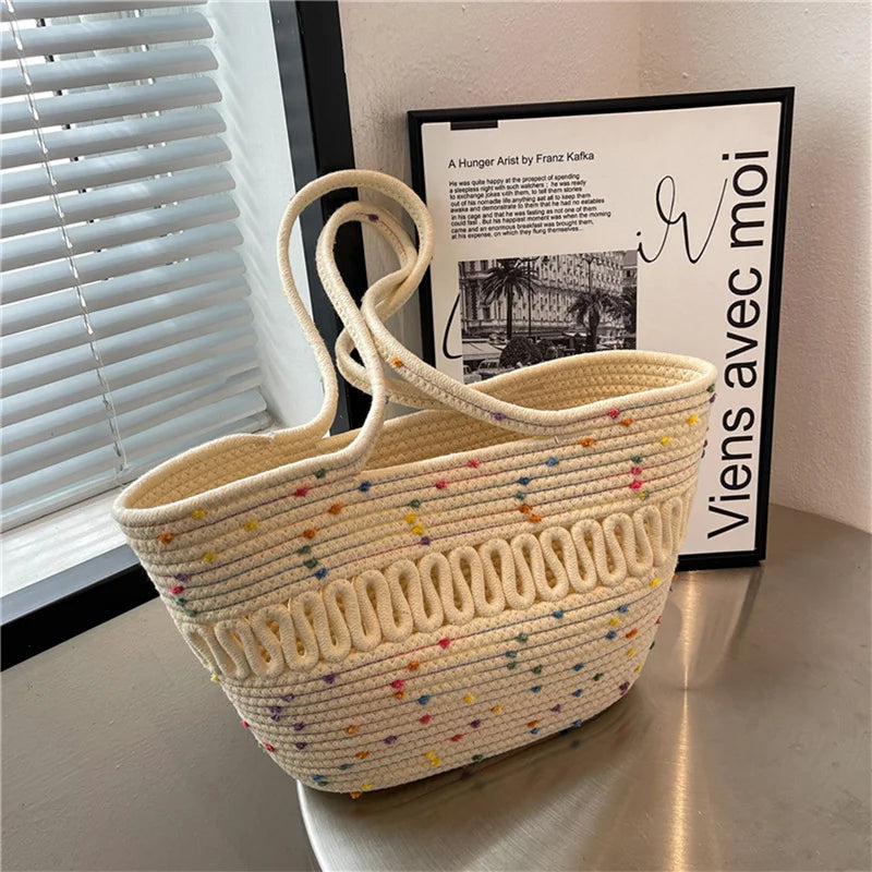 Large Capacity Crochet Shoulder Bag, Straw Woven Tote Handbag