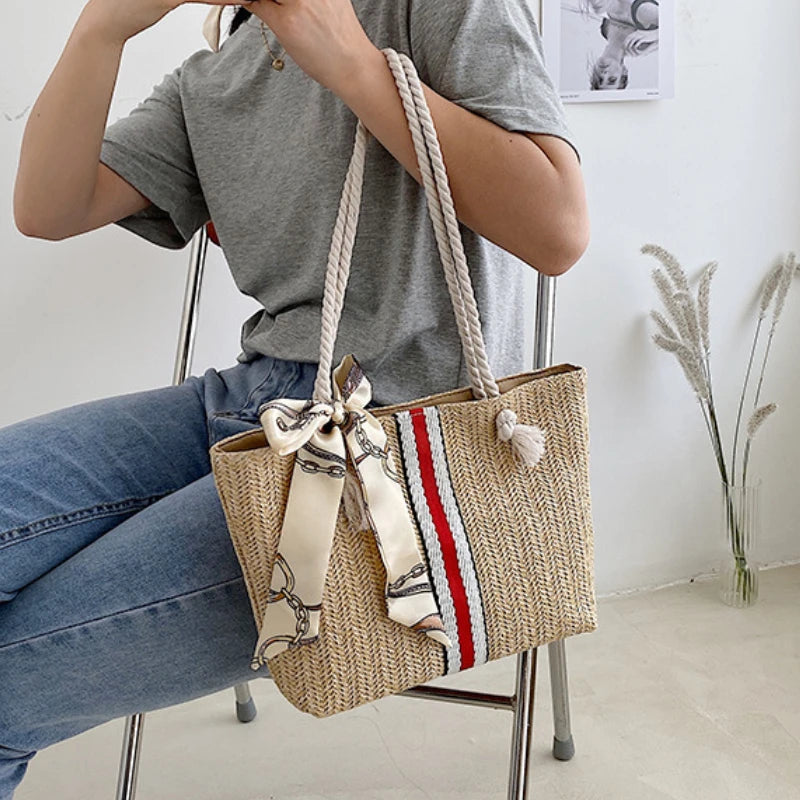 Women Large Capacity Straw Shoulder Tote Bag