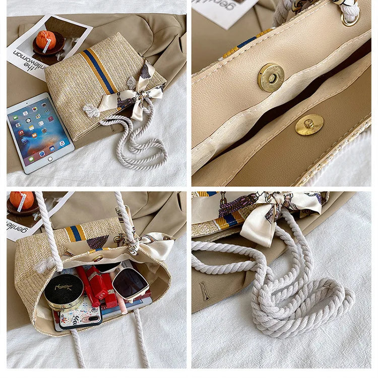 Women Large Capacity Straw Shoulder Tote Bag