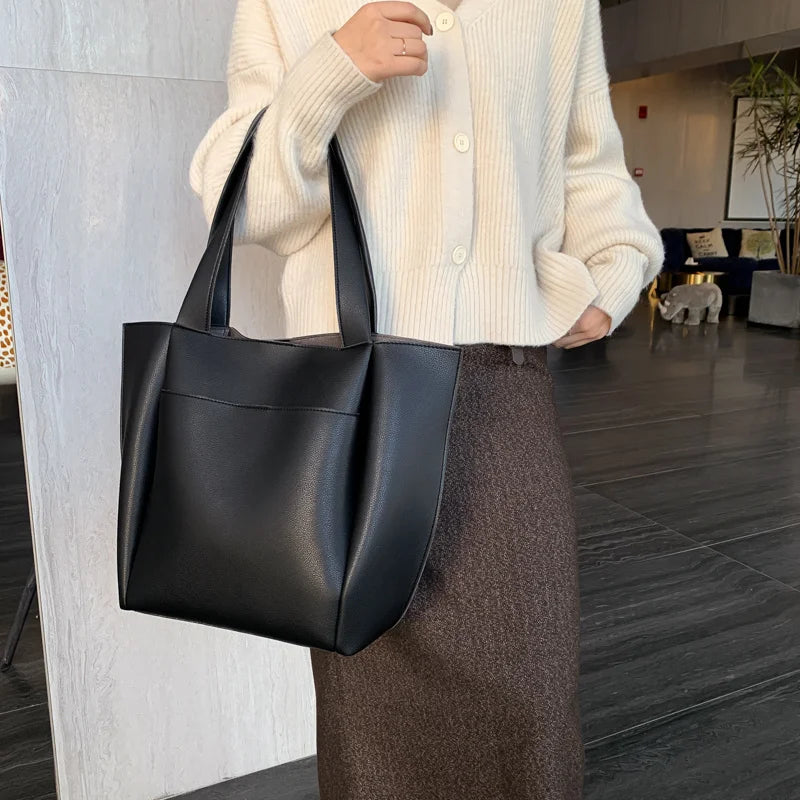 Women Large Capacity Top-handle Bags Solid PU Leather Shoulder Shopper Bags