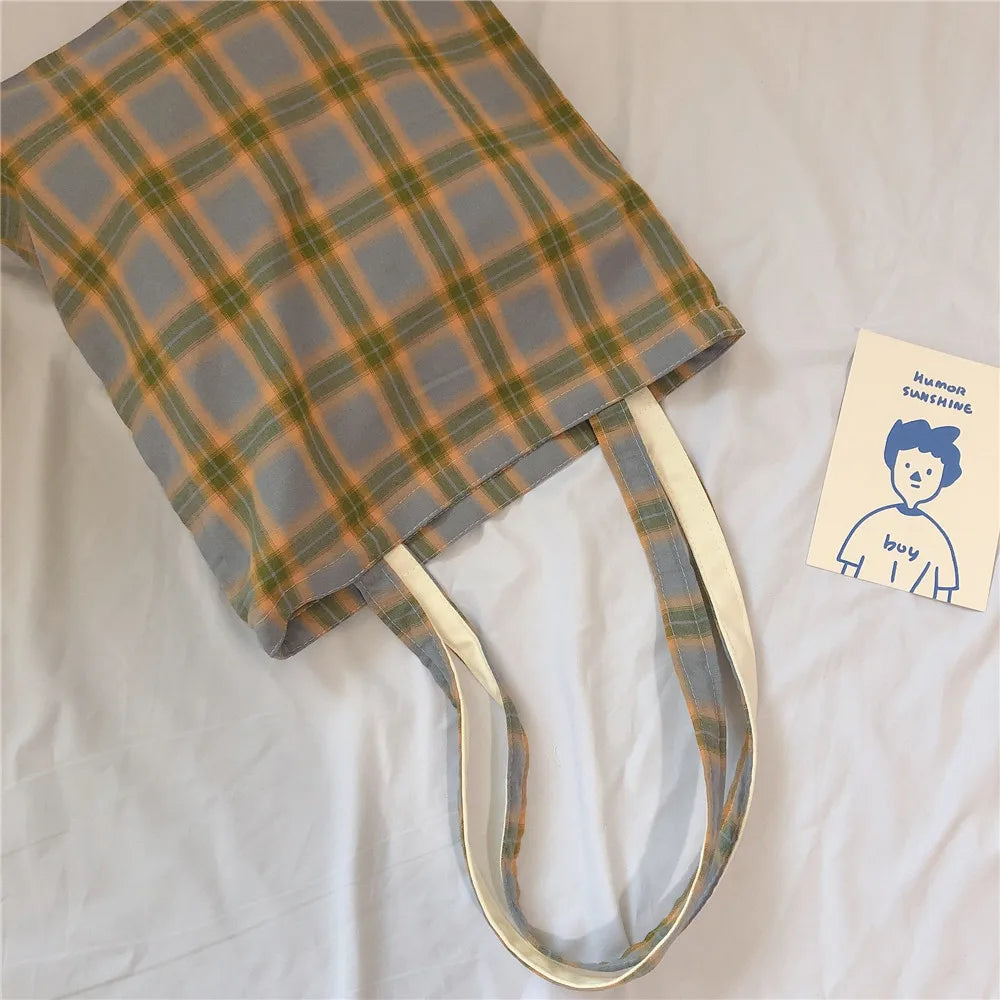 Women Lattice Cloth Shoulder Bag Plaid Daily Shopping Thick Book Bags