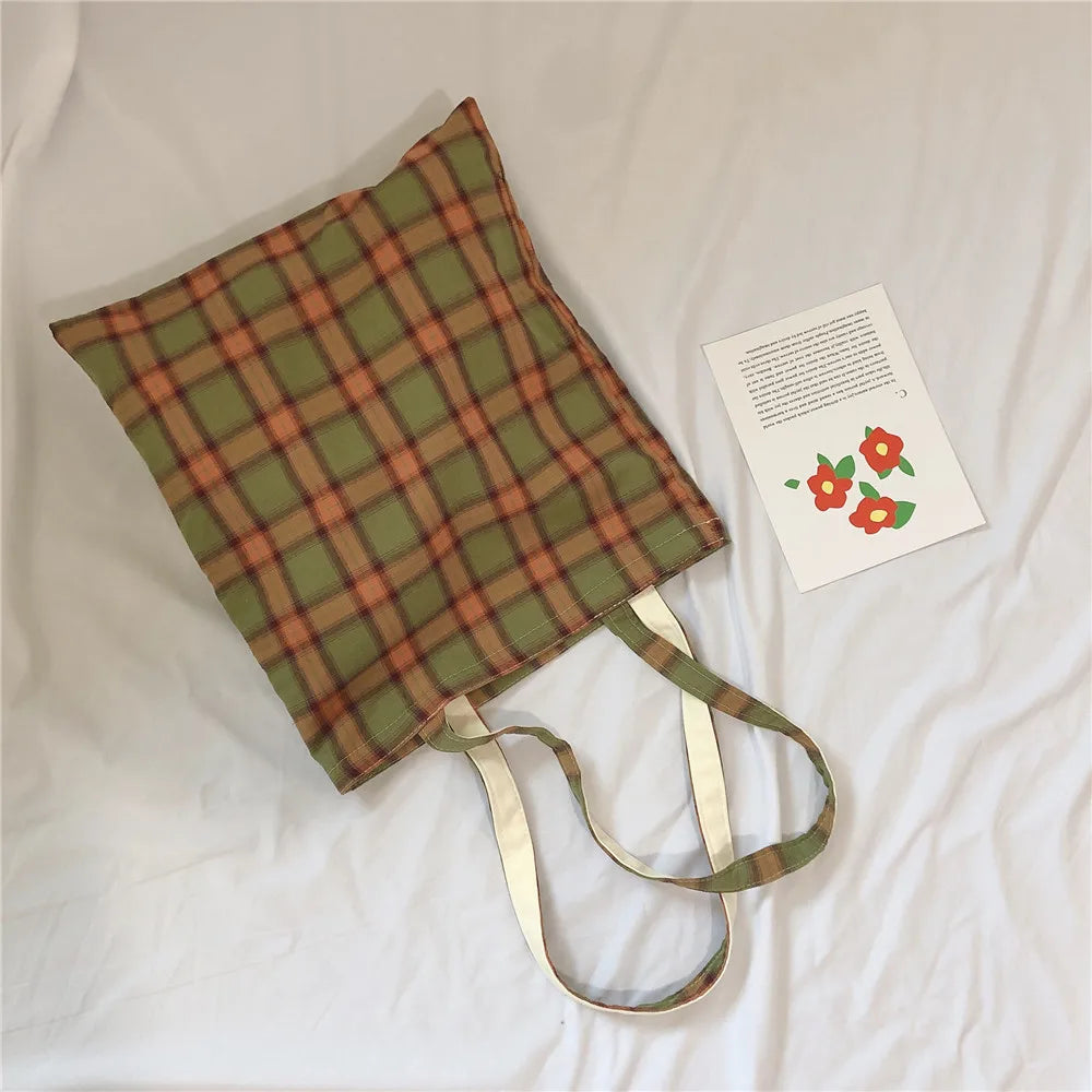 Women Lattice Cloth Shoulder Bag Plaid Daily Shopping Thick Book Bags