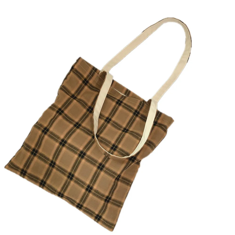 Women Lattice Cloth Shoulder Bag Plaid Daily Shopping Thick Book Bags