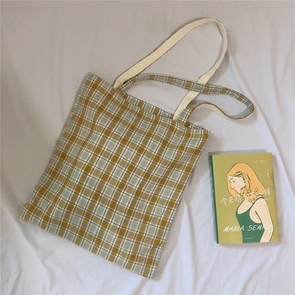 Women Lattice Cloth Shoulder Bag Plaid Daily Shopping Thick Book Bags