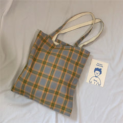 Women Lattice Cloth Shoulder Bag Plaid Daily Shopping Thick Book Bags