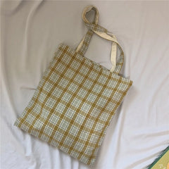 Women Lattice Cloth Shoulder Bag Plaid Daily Shopping Thick Book Bags