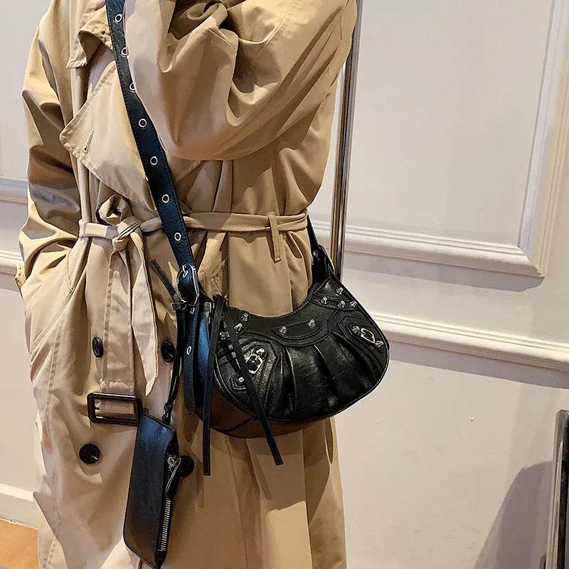 Women Leather Half Moon Shoulder Bags 2 Pcs/set Rivets Armpit Crossbody Bags