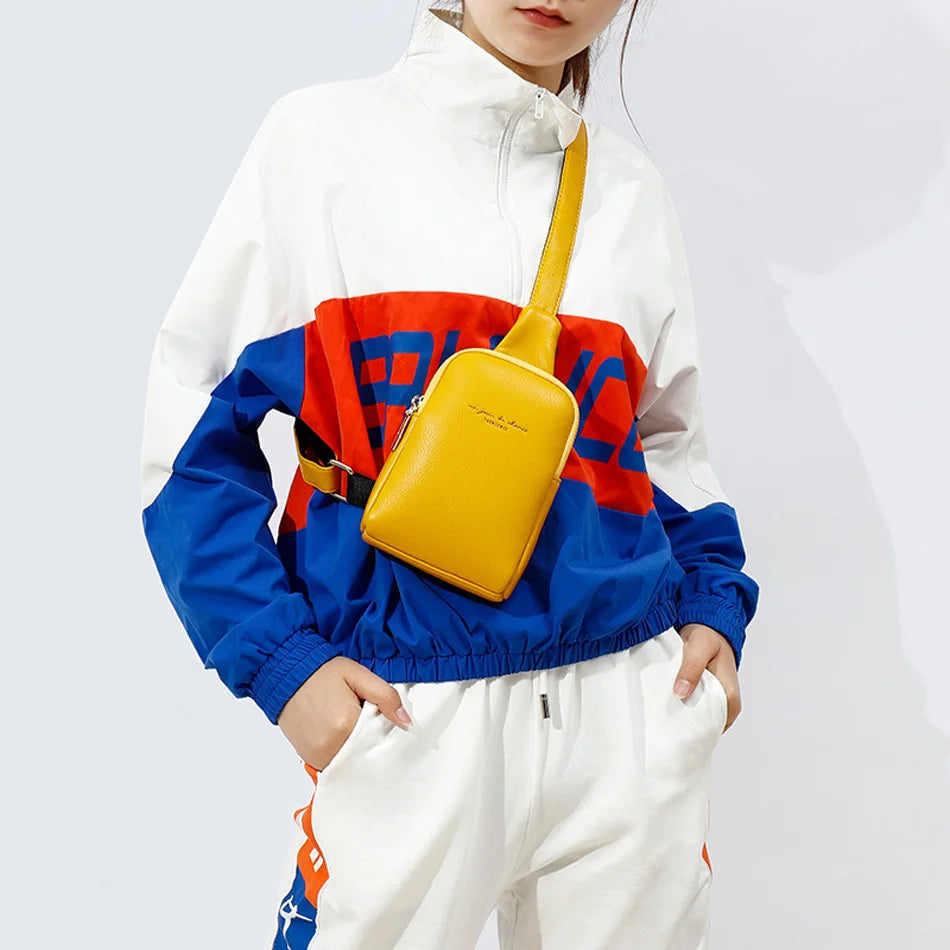 Women Leather Pink Chest Pack Bag Hip Hop Banana Belt Bag