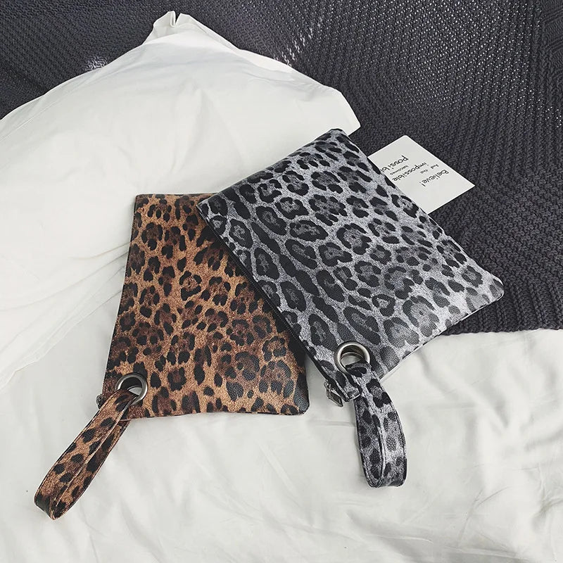 Leopard Leather Clutch Wristlet Bag Envelope Wallet Beach Vacation Handbag