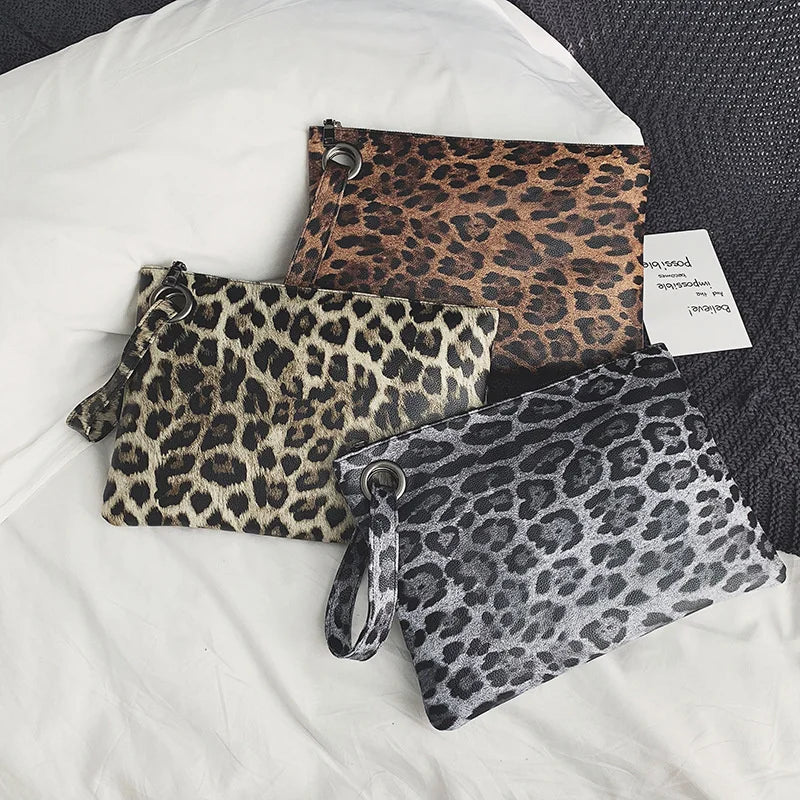 Leopard Leather Clutch Wristlet Bag Envelope Wallet Beach Vacation Handbag