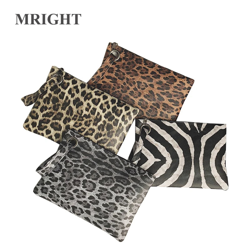 Leopard Leather Clutch Wristlet Bag Envelope Wallet Beach Vacation Handbag
