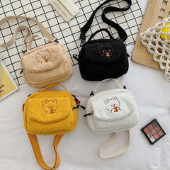 Women Small Plush Shoulder Bag Canvas Cross Body Bag Ladies Embroidery Purse