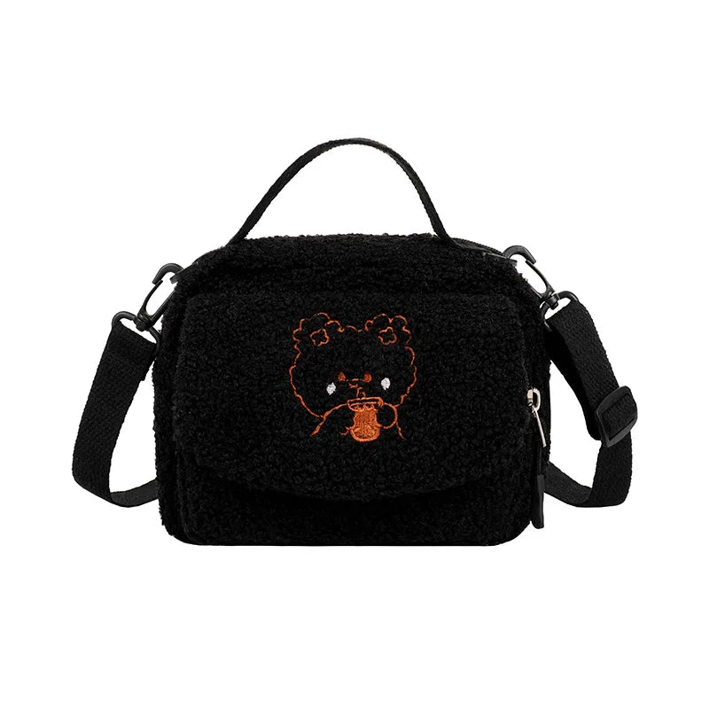 Women Small Plush Shoulder Bag Canvas Cross Body Bag Ladies Embroidery Purse