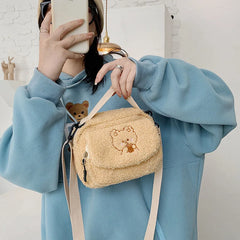 Women Small Plush Shoulder Bag Canvas Cross Body Bag Ladies Embroidery Purse