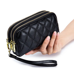 Women Long Wallet Leather 3-layer Zipper Purse Bag Large Capacity Wristlet