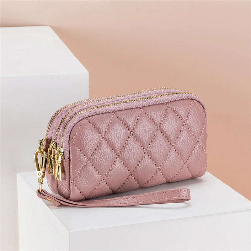 Women Long Wallet Leather 3-layer Zipper Purse Bag Large Capacity Wristlet
