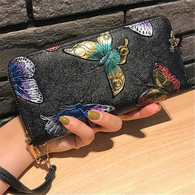 Women Long Wallet Leather 3D Embossing Clutch Bag Large Zipper Hangbags
