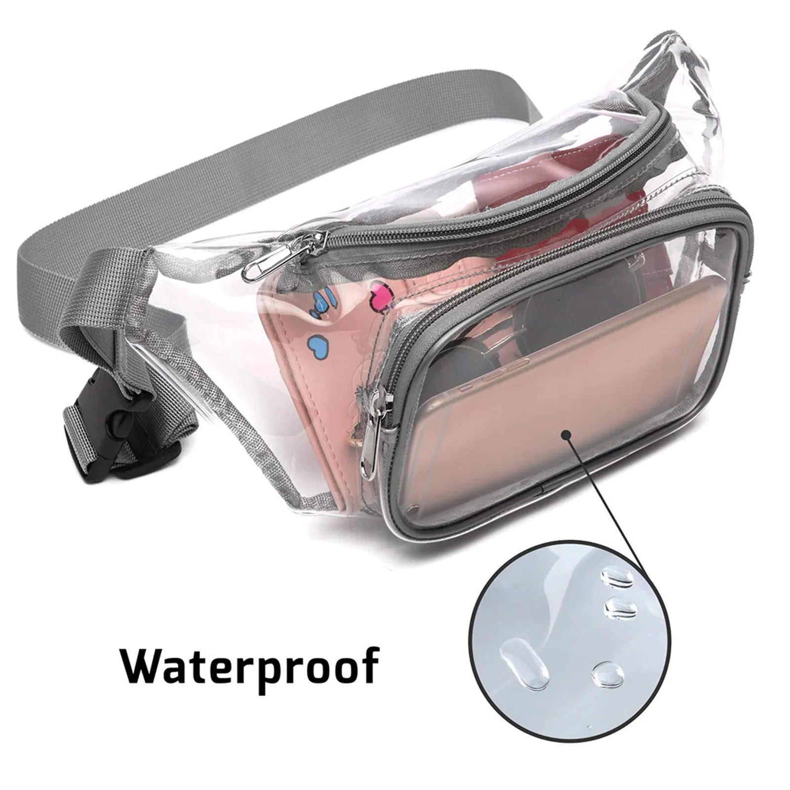 Clear Double-Layer Zippers Waist Bag Waterproof Adjustable Straps Pack