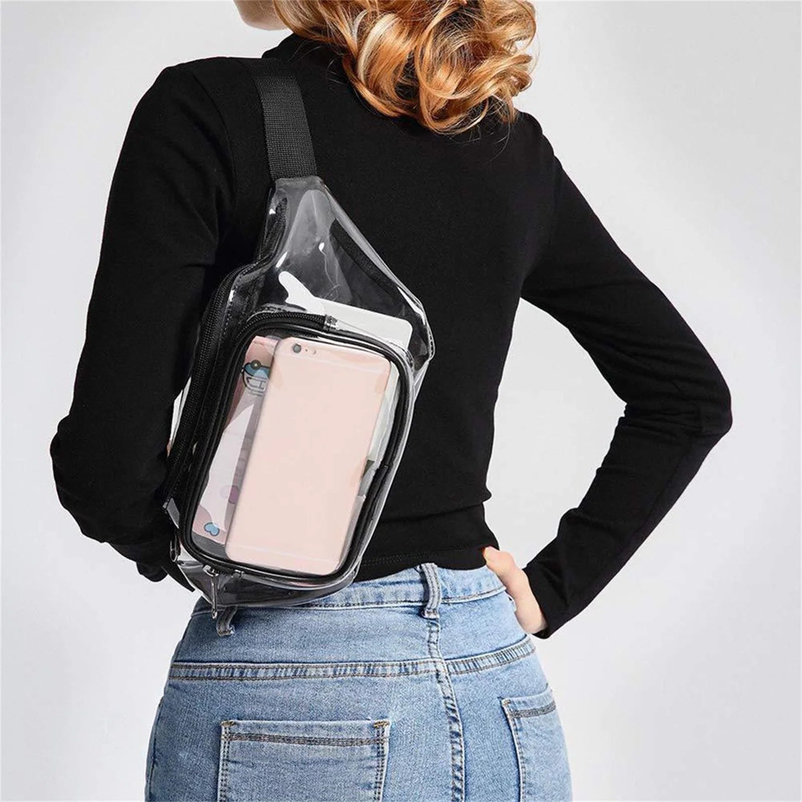 Clear Double-Layer Zippers Waist Bag Waterproof Adjustable Straps Pack