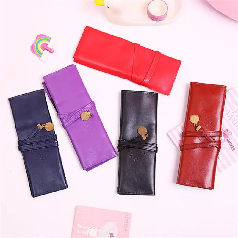 Soft Leather Pencil Case Stationery Clutch Bag Portable