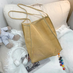 Women Mesh Shoulder Purse Large Capacity Beach Tote Bag for Summer Seaside Trip